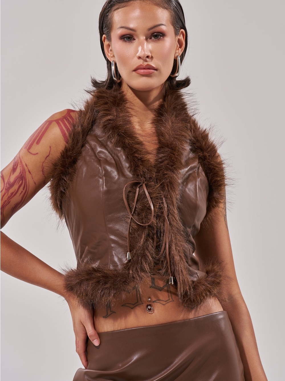 Faux Leather Brown Fur-Trim Vest